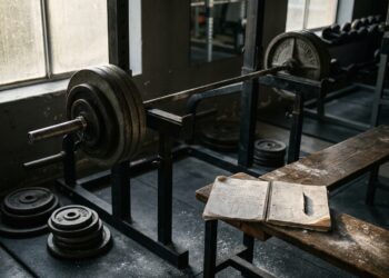 Sporter onder een barbell in een squatrek met een trainingslogboek en pen op de bank ernaast