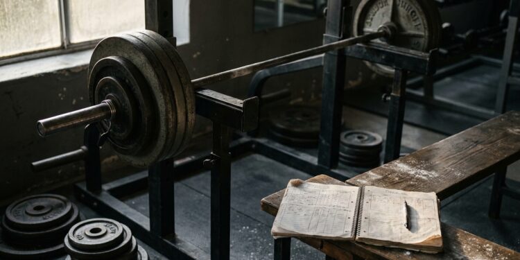 Sporter onder een barbell in een squatrek met een trainingslogboek en pen op de bank ernaast