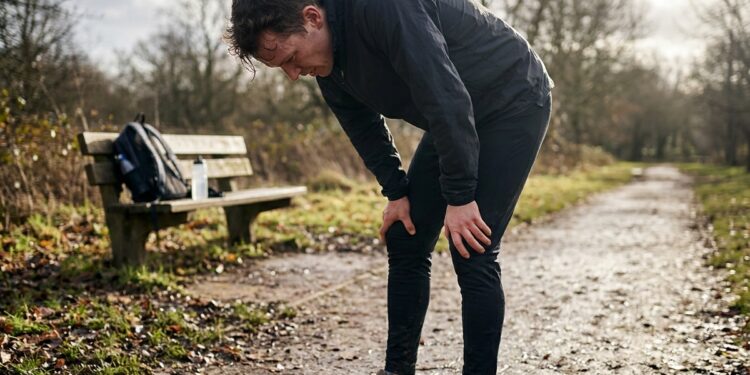 Sporter zet lichte schijven op een halterstang bij de eerste training na een pauze