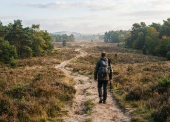 Wandelaar met rugzak op een zandpad door heide en dennenbos in de vroege herfst