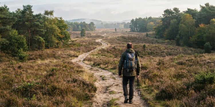 Wandelaar met rugzak op een zandpad door heide en dennenbos in de vroege herfst