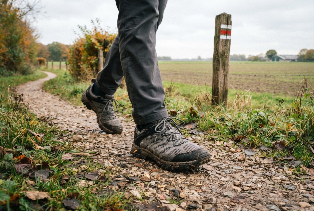 Lage wandelschoenen op een grindpad naast een paaltje met rood-witte routemarkering