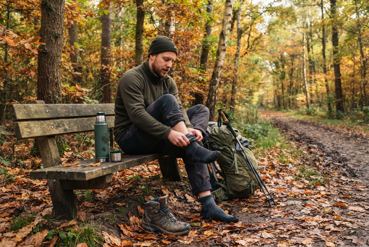 Wandelaar wisselt van sokken op een bankje tijdens een pauze in het bos